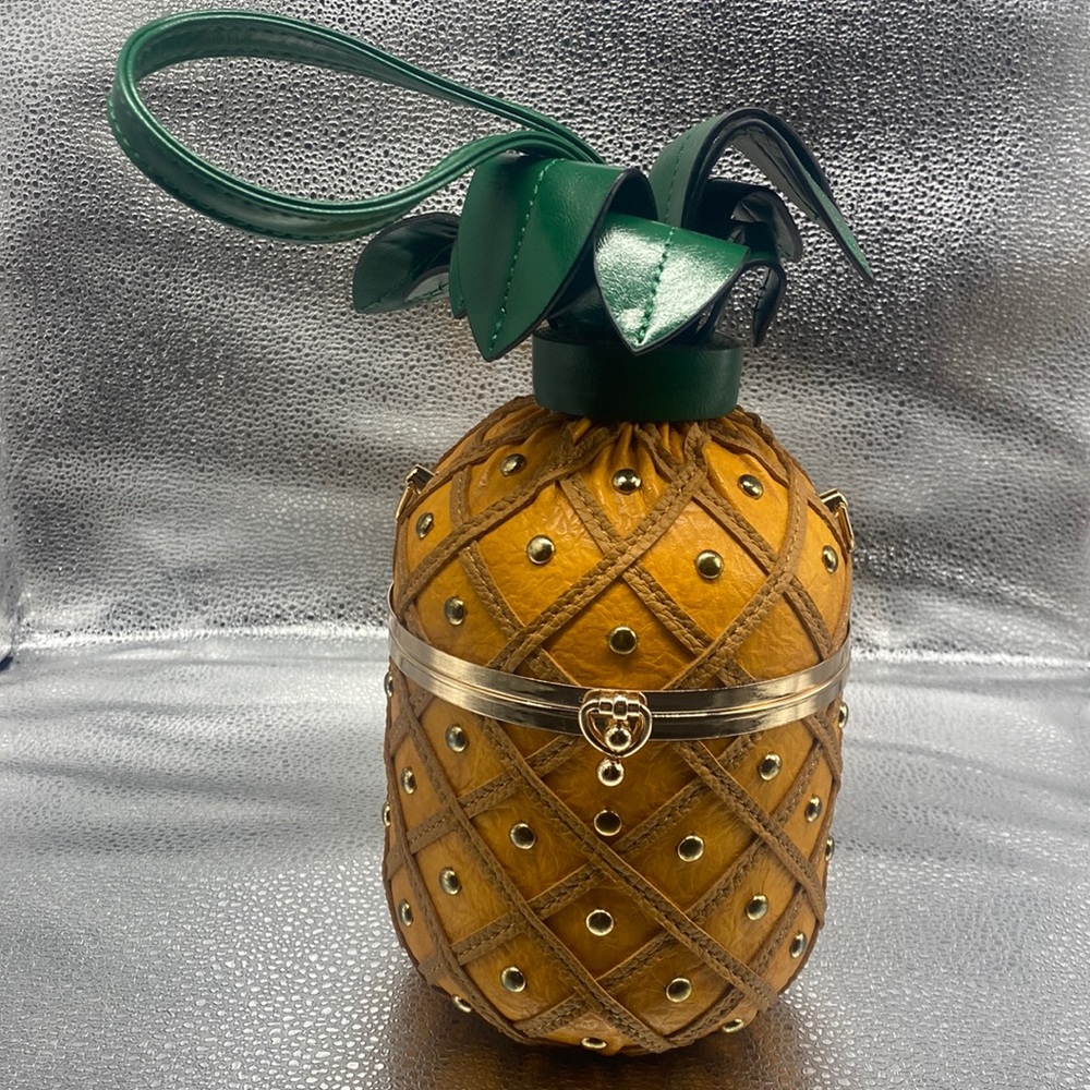 NWT Vegan Leather Tan Pineapple Top Handle Clutch